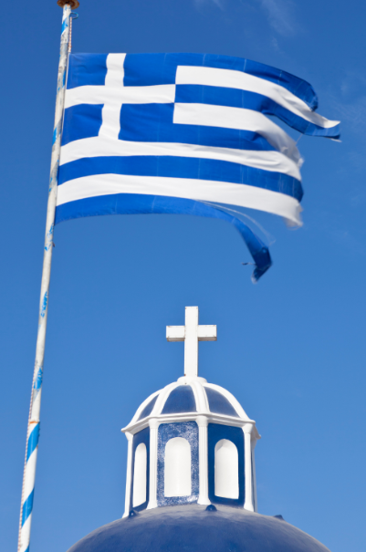 Greek Cross on flag and church