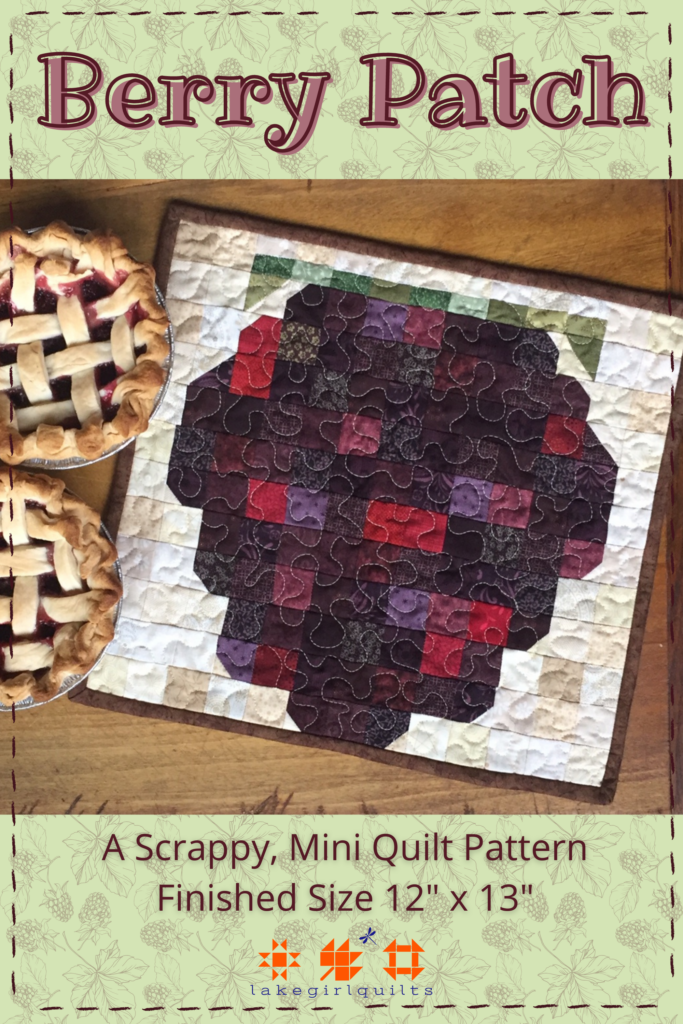 berry patch pattern pin with quilt and two pies