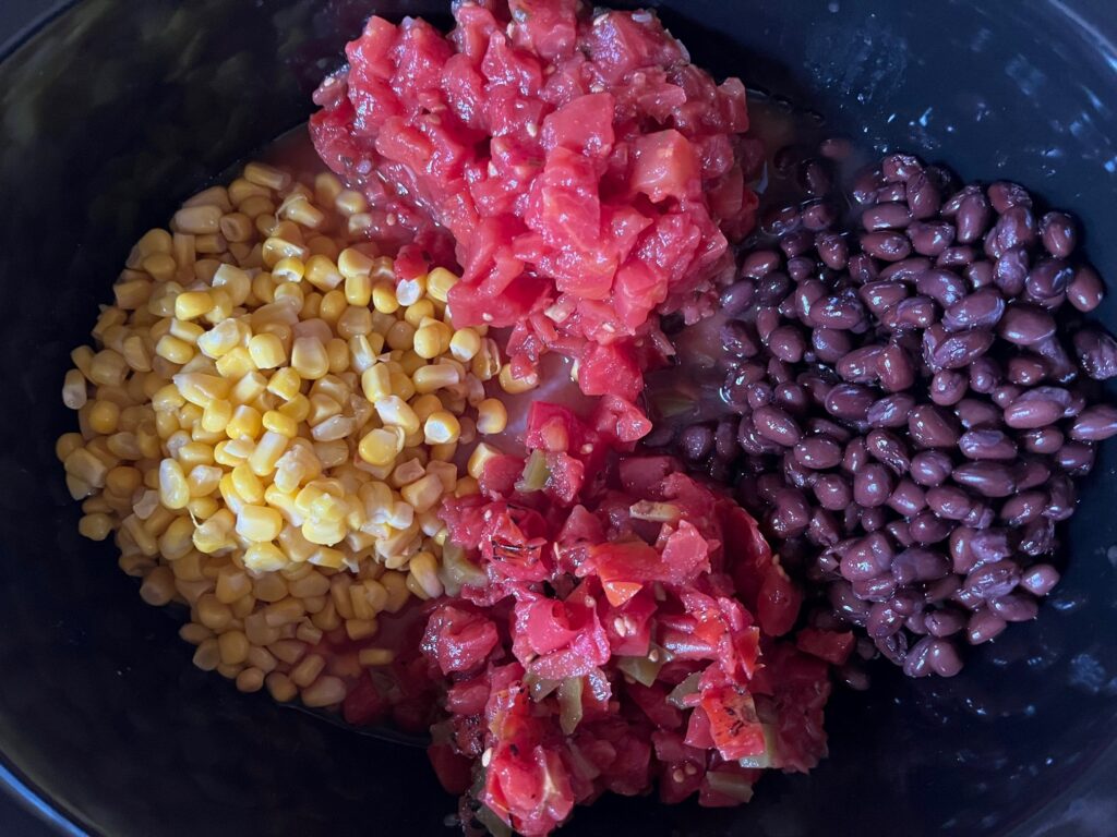 corn tomatoes and beans for the Easy Slow Cooker Cream Cheese Chicken Chili