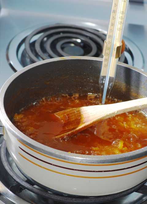 using a candy thermometer to check caramel mixture temperature for soft homemade caramel recipe